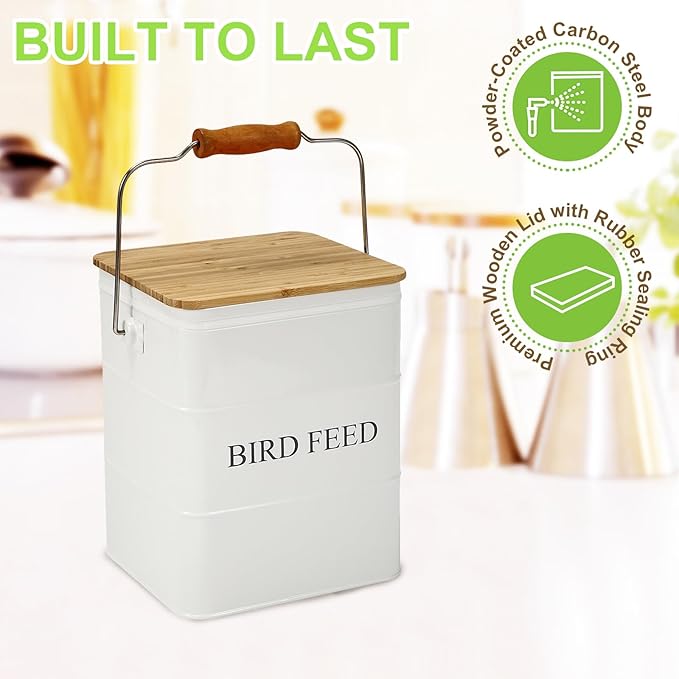 Bird Seeds storage container, Metal food tin for Birds, pet snacks Canisters with wooden lid/handle/sevice scoop,hold 5-6 lbs