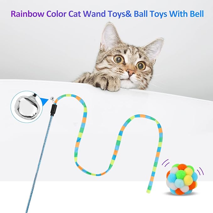 TUSATIY Cat Toys 3Pack, Cat Wand Toy Cat Fuzzy Balls with Bells &Cat Springs, Rainbow Color Interactive Cat Toys for Indoor Cats Kittens (Rainbow-Green)