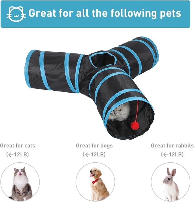 3 Way Cat Tunnel and Tube, Cat Tunnels for Indoor and Outdoor Cats, Collapsible Cat Tunnels with Peek Hole for Cat, Puppy, Kitty, Rabbit, Puppy (Y-Shaped Black-Blue)