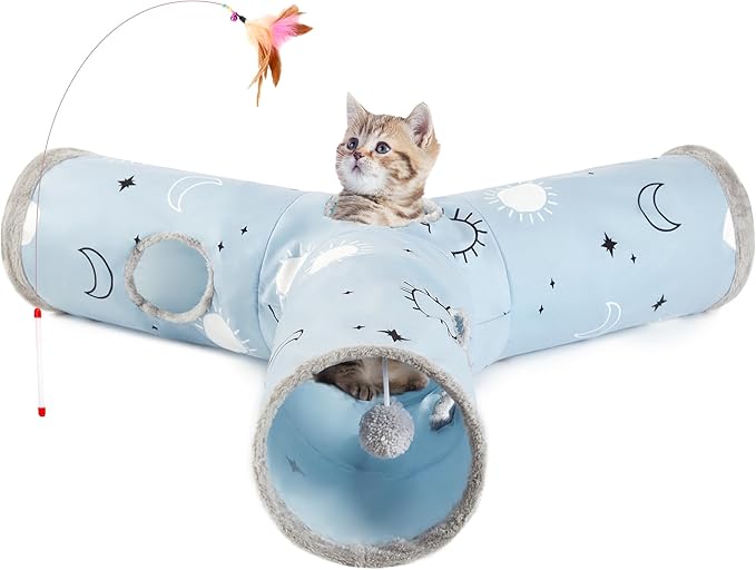 Tempcore Pet Cat Tunnel Tube Cat Toys 3 Way Collapsible, Cat Tunnels for Indoor Cats，Kitty Tunnel Bored Cat Pet Toys Peek Hole Toy Ball Cat, Puppy, Kitty, Kitten, Rabbit Blue Large Size Blue Sun