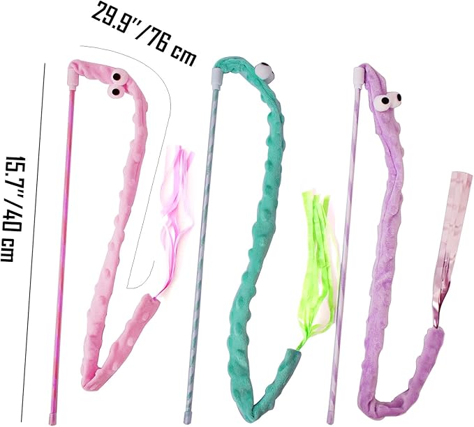 Cat Wand Toys, 3 PCS Cute Plush Snake Kitten Wands Soft Cat Teaser Wands Interactive Cat Toys for All Breed Sizes