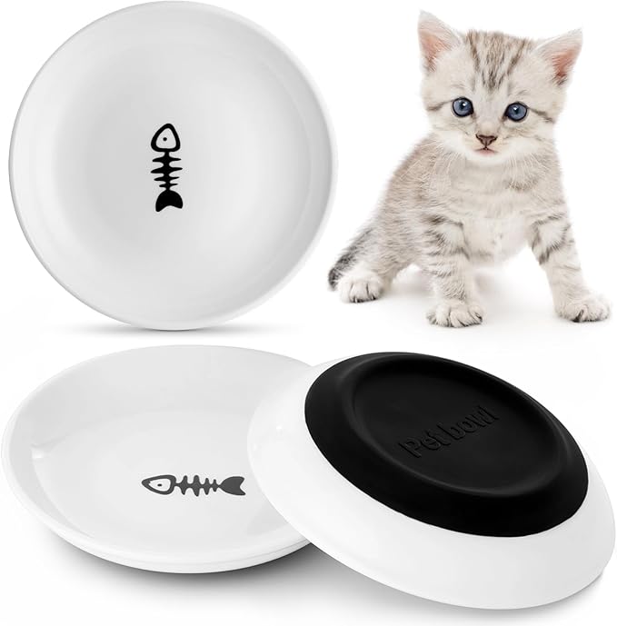 Dorakitten Ceramic Cat Bowls 3 Pack, No Whisker Fatigue Wide Shallow Cat Dishes with Non-Slip Silicone Bottom, Pet Food & Water Plates, 15cm Diameter