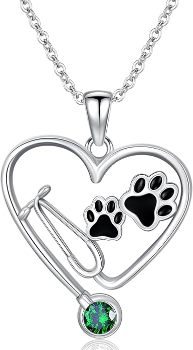 Birthstone Veterinary Stethoscope Necklace 925 Sterling Silver Nurse Vet Pendant with Dog Paw Nurse Jewelry Gifts for Veterinarian Nurse Women Veterinarian Gifts