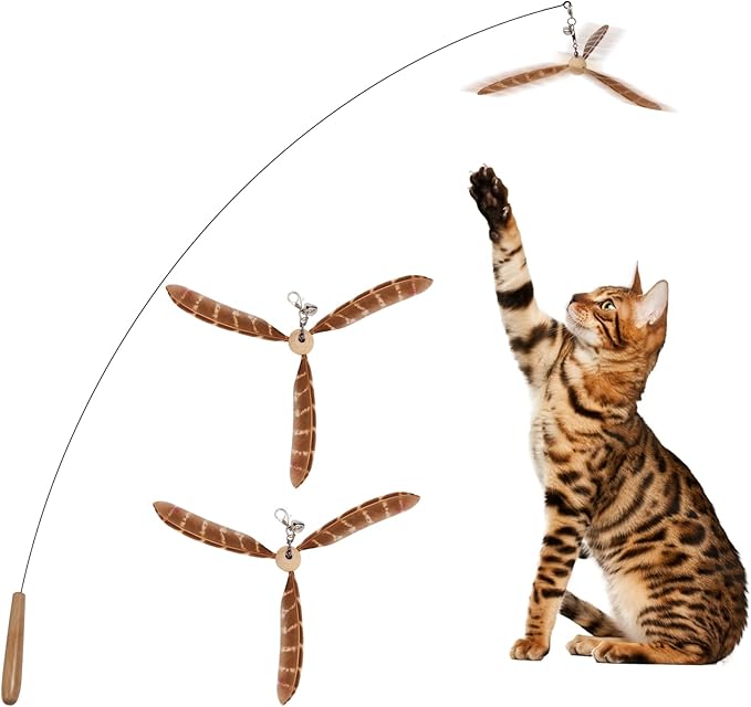 Lystaii Cat Wand Toys, Interactive Cat Feather Toys with 3 Feather Refills with Bell Steel Wire Cat Toy for Indoor Cats Wood Handle Cat Teaser String Toy Feather Propeller for Kitten (Piebald)