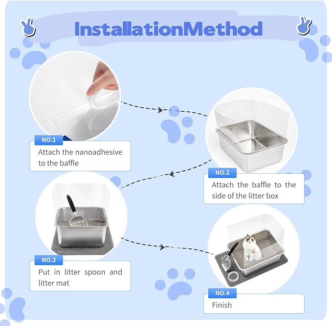 2 Sets Stainless Steel Cat Litter Box with High Sides Cat Litter Tray, Metal Cat Litter Pans with Plastic Shield Easy to Clean Cat Litter Scoops Cat Litter Mats 17.7x13.8x5.9inch