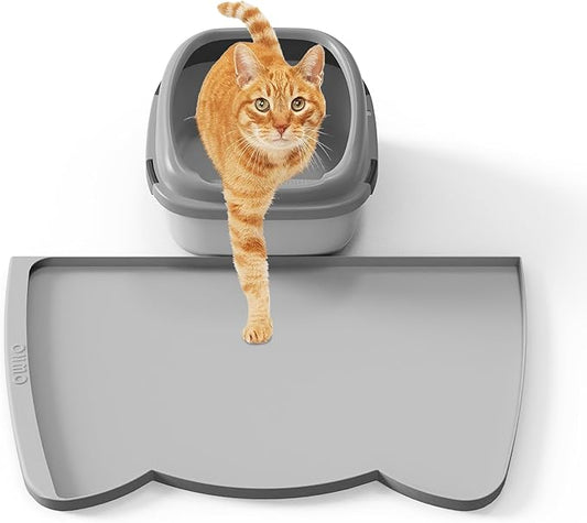 OHMO Dog Food Mat(Ash, 24 * 15'') w/Residue Collection Pocket Silicone Pet Feeding Mat for Floor High Edges Anti Spills Waterproof Cat Water Bowl Tray, Easy Clean Placemat