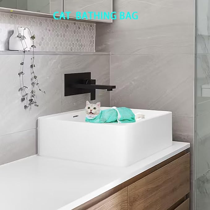 6 Pieces Cat Bathing/Grooming Bag, Adjustable Cat Shower Net Bag and Pet Nail Clippers, Nail File, Grooming Gloves, Tick Tool，Pet Dog and Cat Nail Trimming Check.