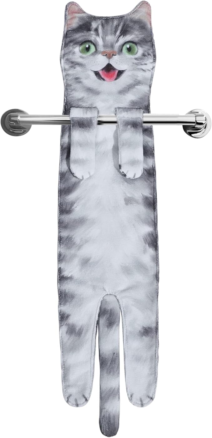 Cat Funny Hand Towels for Bathroom Kitchen- Cute Decorative Kitten Decor Hanging Face Towels- Unique Housewarming Valentines Mothers Birthday Gifts for Women Mom Cat Lovers