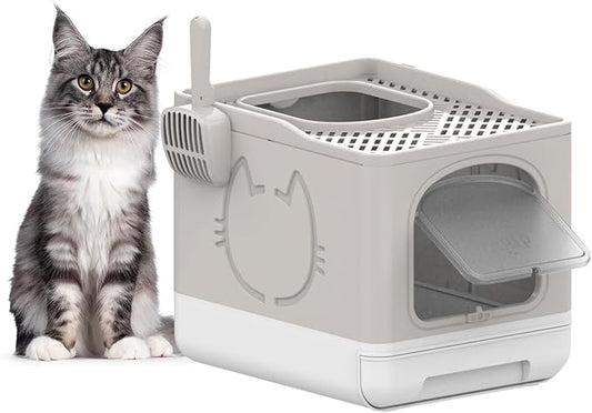 All for Paws Foldable Cat Litter Box with Top Entry, Mess Proof Enclosed Litter Box for Cats with Handy Litter Scoop, Anti-Splash Cat Toilet, XL