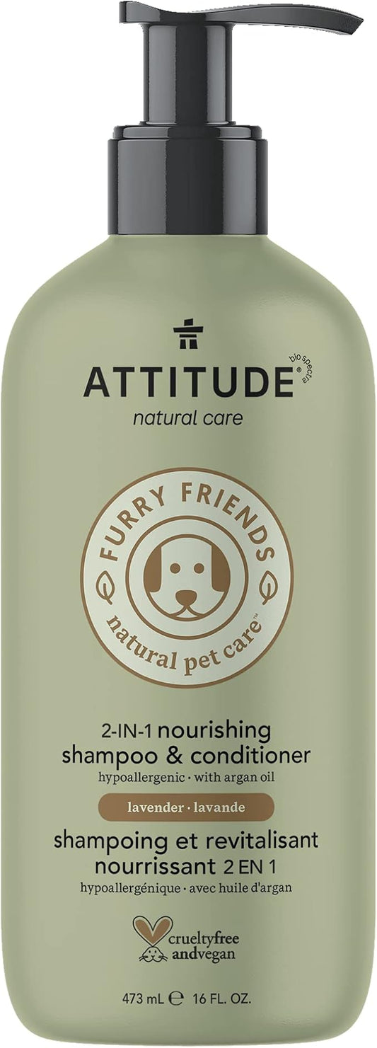 ATTITUDE 2in1 Nourishing Shampoo and Conditioner for Cat & Dog, Vegan and Cruelty-Free, Lavender & Argan Oil, 16 Fl Oz