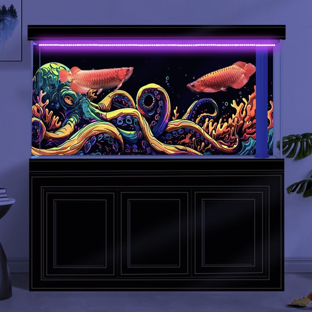 30X12IN Blacklight Octopus Sea Monster HD 3D Black Light Aquarium Background UV Reactive Background Terrarium Background with 10 EVA Double-Sided Tape