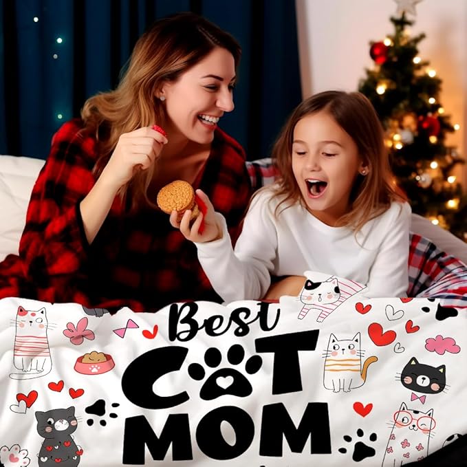 Cat Mom Blanket Just A Girl Who Loves Cats Throw Blanket Gifts for Animals Lovers Soft Flannel Animals Pet Pattern Gift for Kids Adults 50"X40"