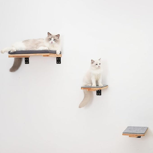 LONDON & BYRD | Wooden Cat Wall Shelves | for 16" Drywall Studs | One Large cat Shelf with Washable Bed, and Two Smaller cat perches. Solid Wood with Metal Wall Brackets.