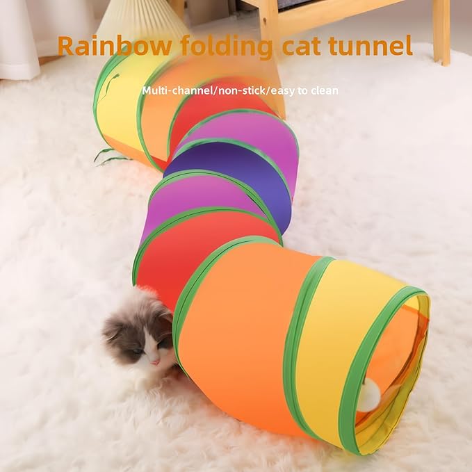Cat Tunnel for Indoor Cats Interactive - Rabbit Tunnel Toys, Pet Toys Play Tunnels for Cats Kittens Rabbits Puppies Crinkle Pop Up Rainbow 47" Shape S