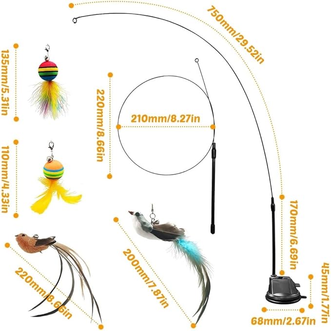 MiOYOOW Cat Feather Toy, Interactive Cat Teaser Feather Cat Toy Set with Dual Ended Suction Cup/ 4 Feather Refills for Indoor Cats Kittens
