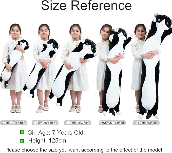 Giant Cat Pillow Plush Cartoon Kitty Sleeping Hugging Pillow, Cuddly Soft Long Kitten Body Pillow Doll Cat Cushion Toy for Kids Girlfriend(Black, 50cm/19.68inch)