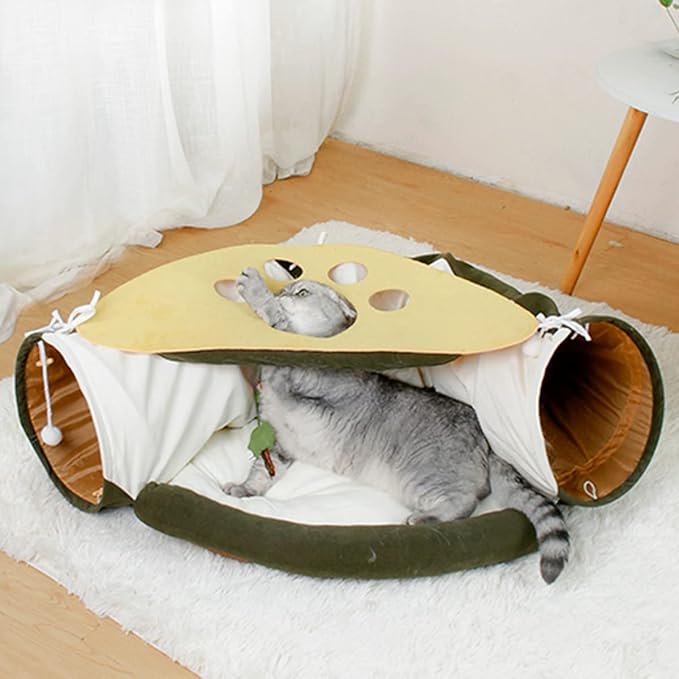 2-in-1 Collapsible Cat Tunnel for Indoor Cat Bed and Hideout for Pet Dog Rabbit Bunny Ferret Tunnel Tubes Toys with Removable Washable Mat, Cat Tower Wheel Stuff