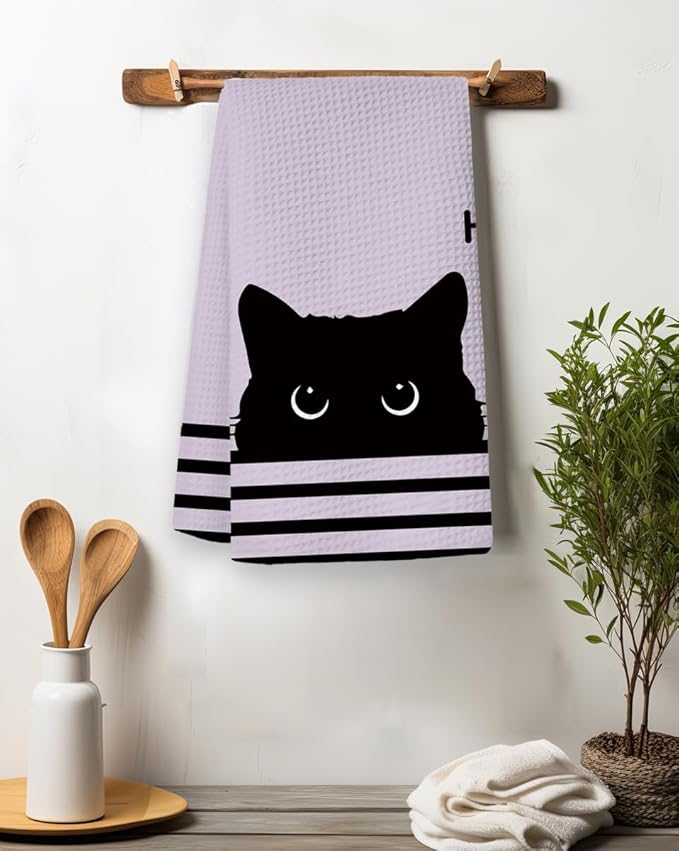 Black Cat Waffle Kitchen Towels, Gifts for Cat Lovers Moms Dish Tea Towels for Kitchen,Decorative Hand Towels for Bathroom Guest Room Decor, 16x24 Inch (Puple)