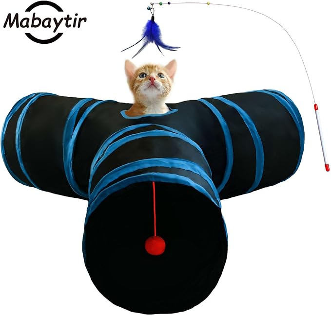 Cat Tunnel Tube Toys, Black Tunnels for Indoor Cats, 3 Way Collapsible Interactive Toy Maze House with Peek Holes Dangling Ball for Rabbit, Kitten, Kitty, Puppy with Wand Toy