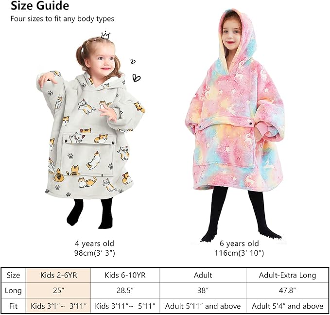 Glow in The Dark Wearable Blanket Hoodie for Kids Toddlers Sherpa Blanket Sweatshirt with Pocket 2-6 Year Old Girl Birthday Gifts