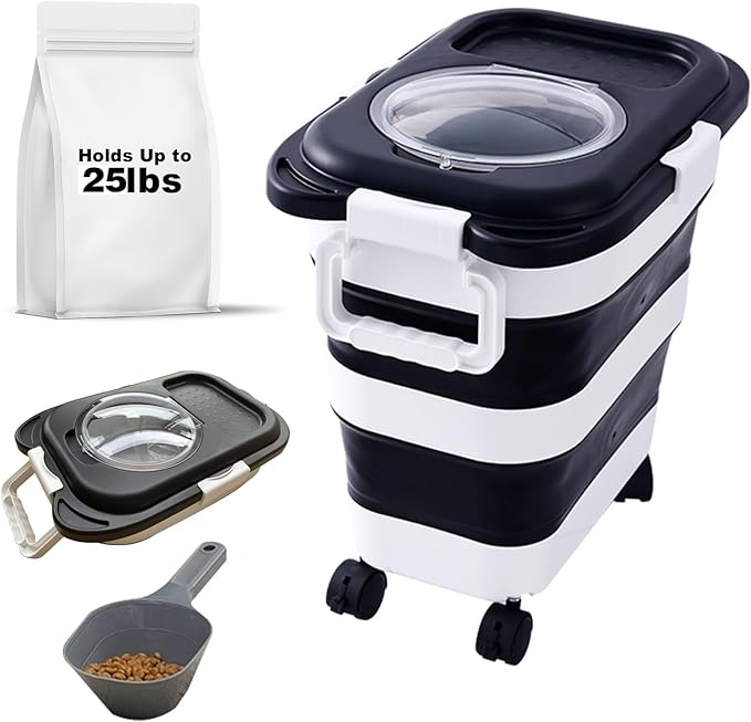 25 lbs Dog Food Storage Container,Collapsible Dog Food Container with Travel Silicone Bowl and Scoop,Pet/Dog/Cat/Bird Food/Cat litter Storage Containers to Keep Dry,Easy to Move.(Black)
