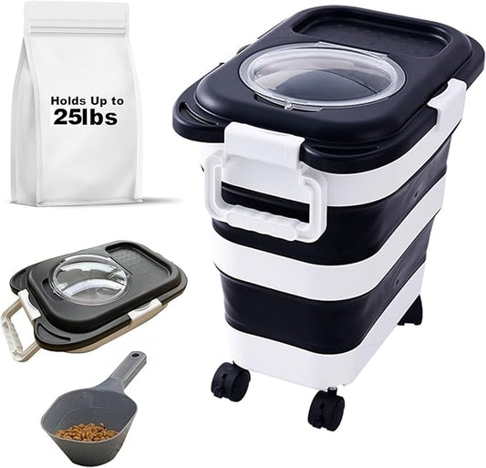25 lbs Dog Food Storage Container,Collapsible Dog Food Container with Travel Silicone Bowl and Scoop,Pet/Dog/Cat/Bird Food/Cat litter Storage Containers to Keep Dry,Easy to Move.(Black)