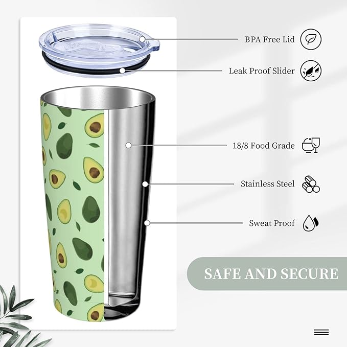Avocado Tumbler with Lid and Straw, 20 Oz Stainless Cup Steel Insulated Water Bottle Travel Coffee Mug
