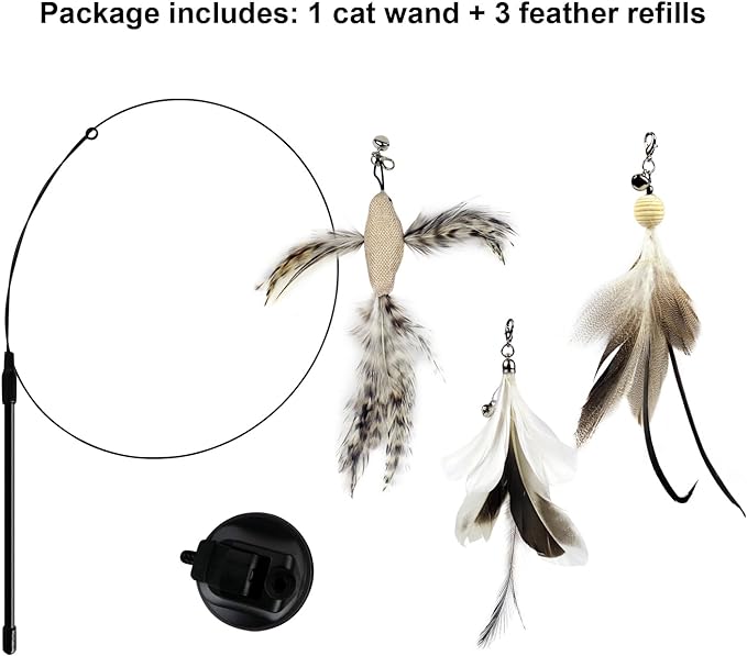 Cat Wand Toys with Suction Cup, Interactive Bird Simulation Cat Toy Set,Cat Teaser Cat Toys,Flexible Steel Wire and 3Pcs Replacement Feather Refills with Bells.