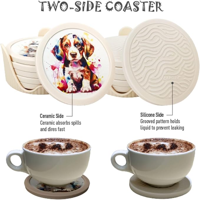 6 Pack Cute Dog Pattern Coasters with Deep Tray Holder, Double Sided Drink Coasters, Beverage Mats for Hot or Cold Drinks, Non-Slip, Non-Stick Silicone with Ceramic Insert Pet Patterned Coaster