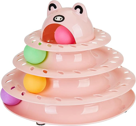 Suhaco Cat Toys Interactive for Indoor Cats Kitten Toy Fun Roller 4 Level Cat Teaser Ball Toys with 4 Colorful Balls Kitten Puzzle Toys for Boredom (Pink)