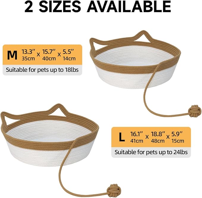Cotton Rope Woven Cat Bed Basket, Pet Sleeping Bed Basket with a Playing Rope Ball, Cat Foldable Sleeping Basket for Cats, Puppies, Rabbits and Small Pets (Large, Brown & Beige)