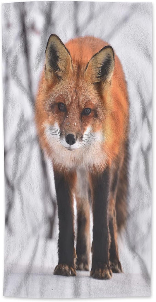 AOYEGO Red Fox Bath Towels Cute Animal Fox in Winter Snow Field Bear Tree White Snowflake Kitchen Hand Towels Bathroom Decor Soft Beach Microfiber Hair Towels 15x30 Inch