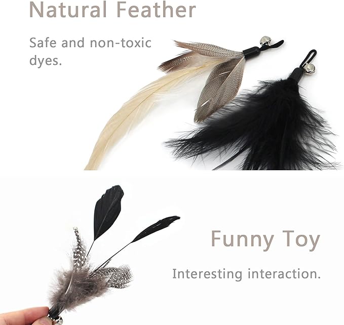 SONGWAY Interactive Cat Feather Toys - 7 Pcs Cat Toy Set, Retractable Cat Wand Toy, Teaser Refills Worm Bird Feathers with Bell, Cat Teaser Toys for Indoor Cats Kitten Play Chase Exercise, Black