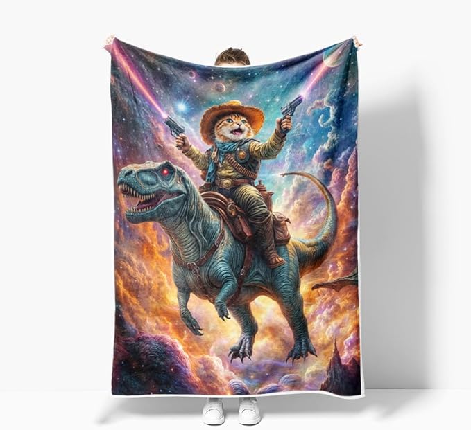 Cute Cat Dinosaur Blanket, Farmhouse Cool Cat Riding Dino in Blue Galaxy Space Rainbow Fleece Throw, Cozy Flannel Warm Soft Lightweight Fuzzy Blankets for Boys Girls Teens Women for Bed Sofa Couch