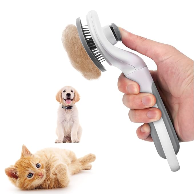 Cat Brush, Self Cleaning Slicker Brush for Shedding and Grooming, Removes Loose Undercoat, Mats and Tangled Hair, Grooming Comb for Cats Dogs, Gray