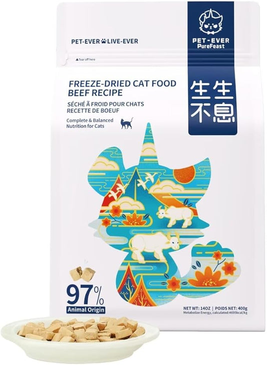 Freeze-Dried Cat Food, 97% Raw Meat 60% High Protein, Grain-Free Cat Food Topper, Health Dry Cat Food (Beef Recipe - 14 Ounce)