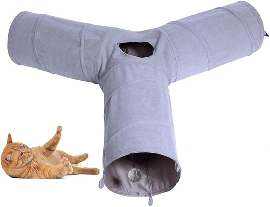 Cat Tunnel, 3 Way Collapsible Cat Play Tube Toys with Plush Ball, Indoor Cat Play Tunnel for Cat, Puppy, Kitty, Kitten, Rabbit (3 Way Shape)