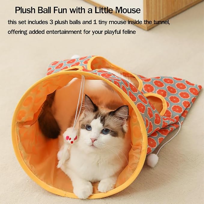Cat Tunnel with Play Ball, Interactive Peek-a-Boo Cat Toys Cat Tube Toy, Orange Bag Tunnel