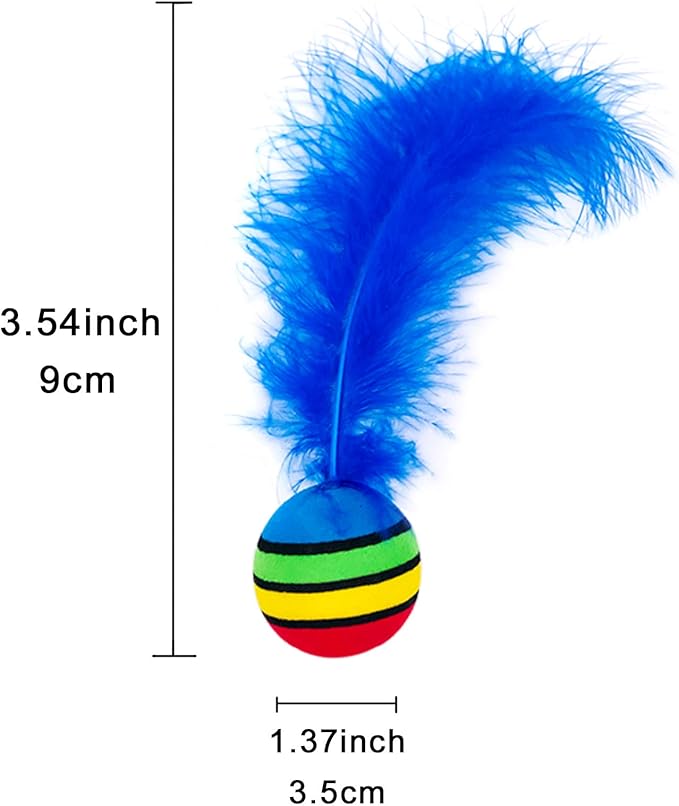 PET SHOW Pack of 5pcs 1.4” Cat Toys Balls Soft EVA Foam with Feathers Colorful Rainbow Toy Balls Interactive Kitten Cats Small Dogs Puppies Doggies Quiet Indoor Outdoor Play Activity Chase Training