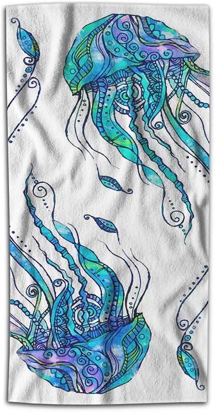 AOYEGO Jellyfish Hand Towel Ocean Sea Fish Bohemian Beach Themed Aqua Art Towel 15x30 Inch Kitchen Bathroom Soft Microfiber Face Towel for Men Women Turquoise