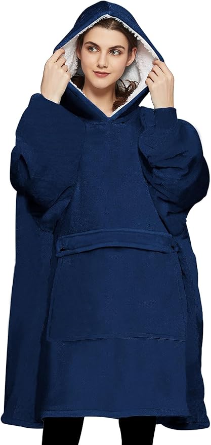 KFUBUO Wearable Blanket Hoodie for Adults Sherpa All Patterns Oversized Sweatshirt Blanket with Pockets Gifts for Mom Navy