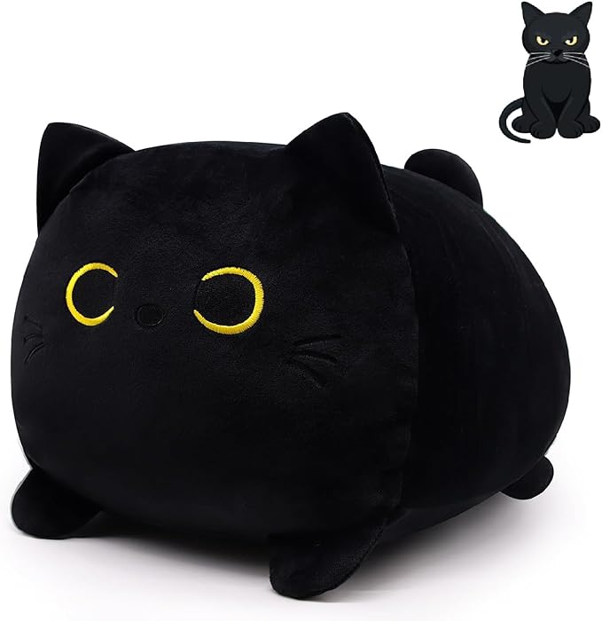 Black Cat Plush Pillow,13" Black Cat Stuffed Animals.Cute Black Cat Plushie,Kawaii Plush Cat Pillow,Stuffed Cat Toys for Kid,Black Cat Gift for Birthday Christmas