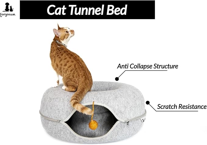 Large (24 Inch) Peekaboo Cat Cave for Multiple & Large Cats, Cat Caves for Indoor Cats Up to 30 Lbs, Scratch Detachable & Washable, Cat Tunnel Bed (Light Grey)