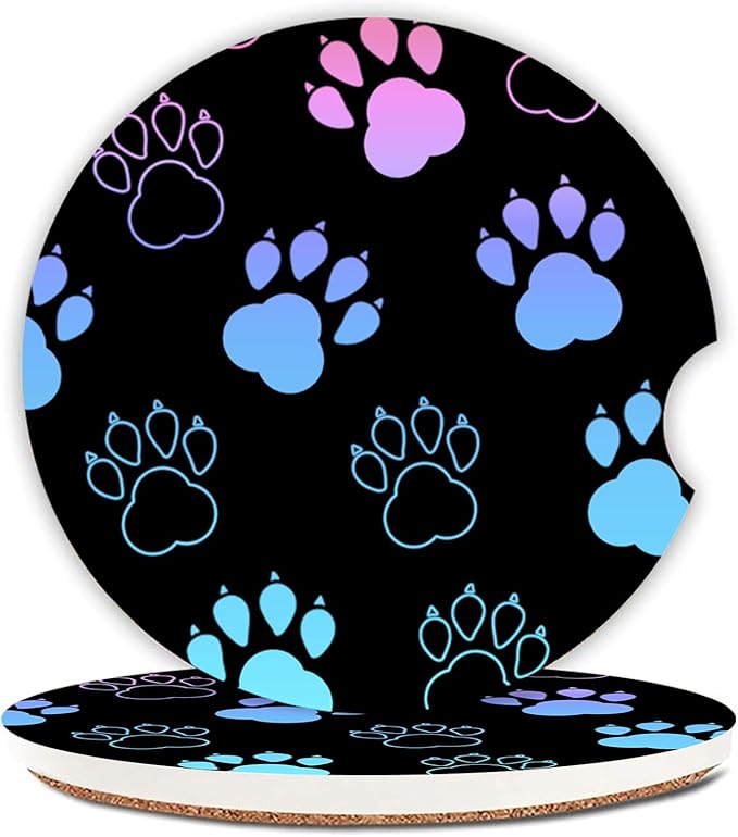 2 Pack Absorbent Car Coasters for Cup Holders,Ceramic Coasters with Cork Back and Finger Slot, Auto Accessories for Women & Men,2.56"(Gradient Black Dog paw Print)