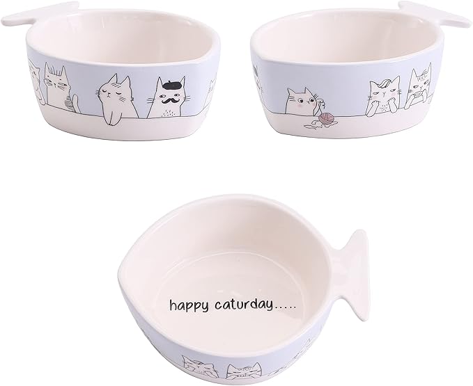 Bico Kitty Tea Party Fish Shaped Ceramic Cat Bowl, for Cat and Kitten, Dishwasher Safe