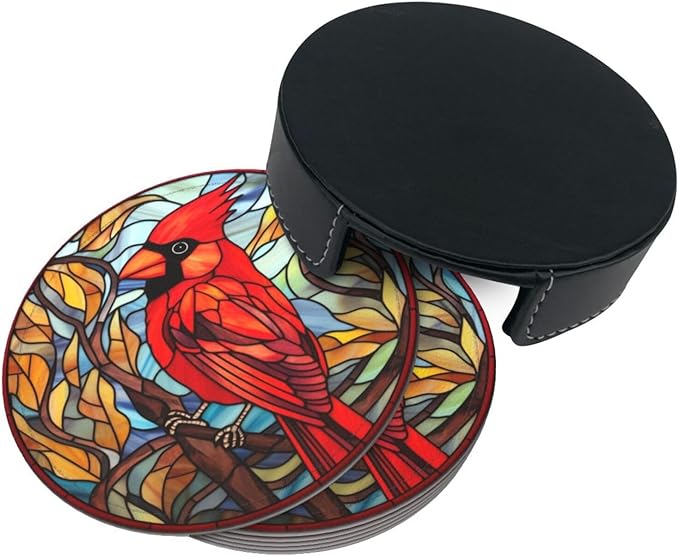 Cardinal Drink Coaster Set of 6, Cardinal Decor Gifts, Leather Drink Coasters with Holder, 6 Pack Cup/Bar/Drink Coasters for Table/Drinks/Coffee Protection Housewarming Gift