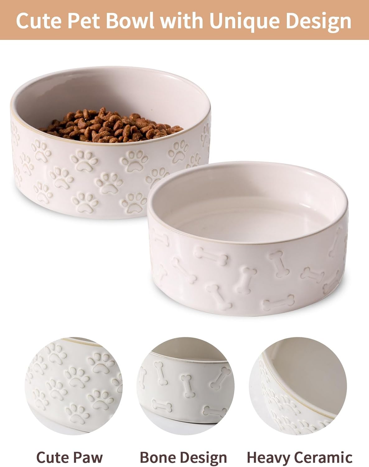 UBEE Ceramic Dog Bowl Set of 2, 5.1 inch Dog Food Bowl Dish with Bone or Paw Pattern, Pet Food Water Dish Feeding for Small Dogs and Large Cat, White
