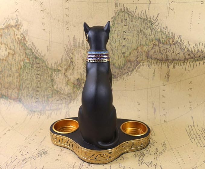 Ancient Egypt Egyptian Bastet Cat Goddess Statue Collectible Figurine Bastet Cat Sculpture with 2 Tea Light Candle Holder (Cat Statue with Candle Holder)
