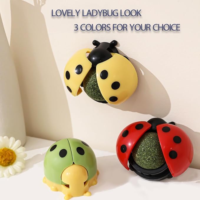 3 Pcs Catnip Toys Balls That Stick on Wall,Cat Toy Ball, Catnip Wall Balls for Cats Lick,Cat Face Scratchers, Cat self Groomer for Indoor Cats, (3-Color, Ladybug)