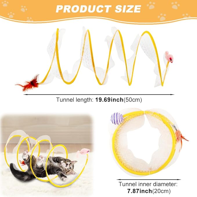 2Pcs Self Play Cat Hunting Spiral Tunnel Toy, Folded Cat Tunnel Toy Spiral Cat Toy, Cat Spring Toy Spiral Cat Toys, Indoor Cat Activity Structure with Feather(Yellow,Size:19.7inch)